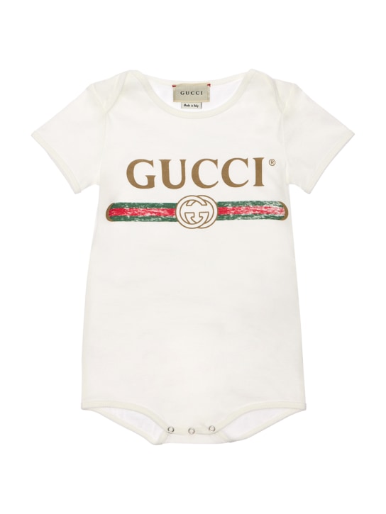 Gucci: Pelele, gorro y babero de algodón - Blanco - kids-boys_1 | Luisa Via Roma