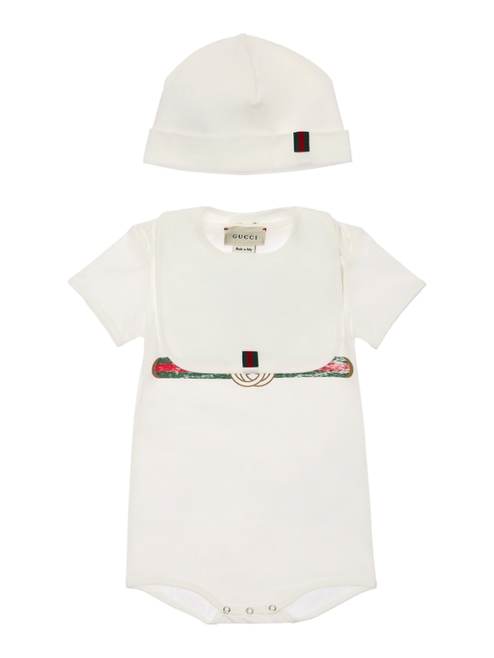 Gucci: Cotton bodysuit, hat & bib - White - kids-girls_0 | Luisa Via Roma