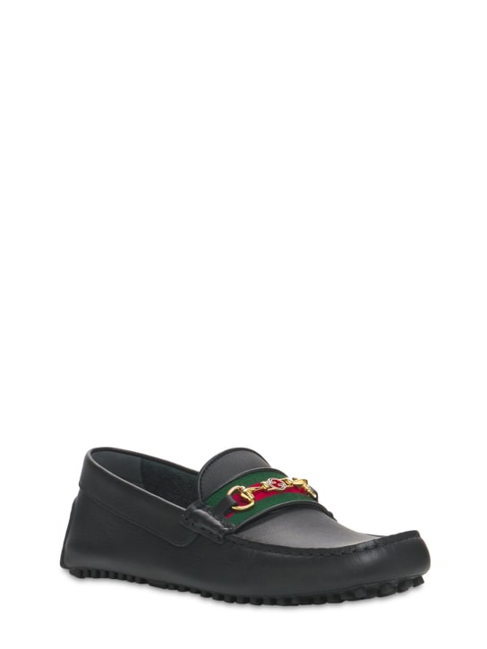 Gucci: 10mm Web leather driver loafers - Black - men_1 | Luisa Via Roma