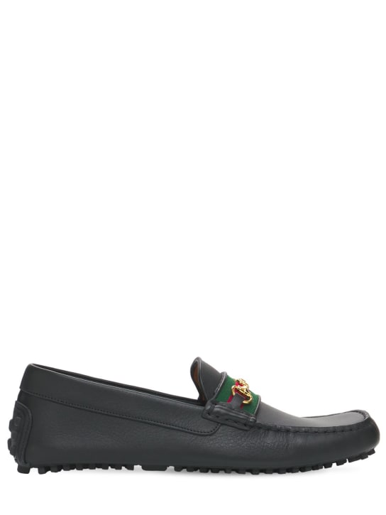 Gucci: 10mm Web leather driver loafers - Black - men_0 | Luisa Via Roma