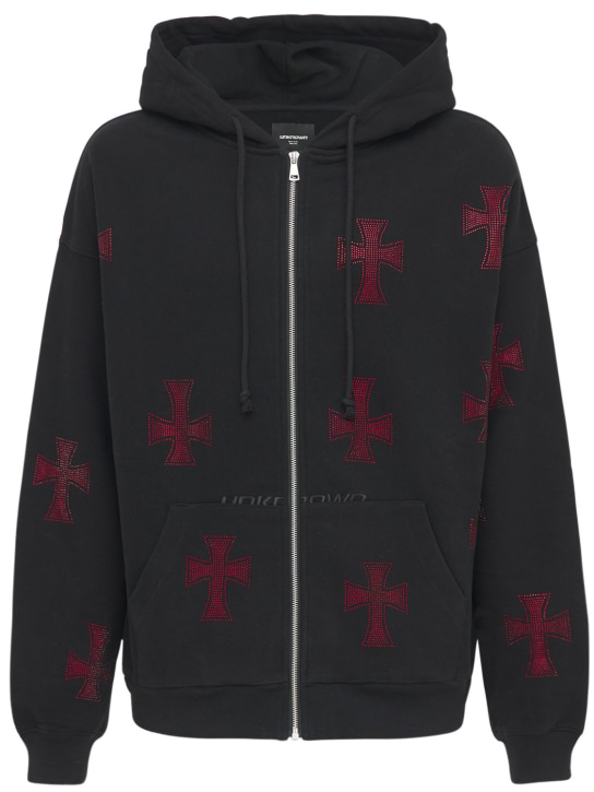 Unknown: Crystal cross cotton zip-up hoodie - Black/Red - men_0 | Luisa Via Roma