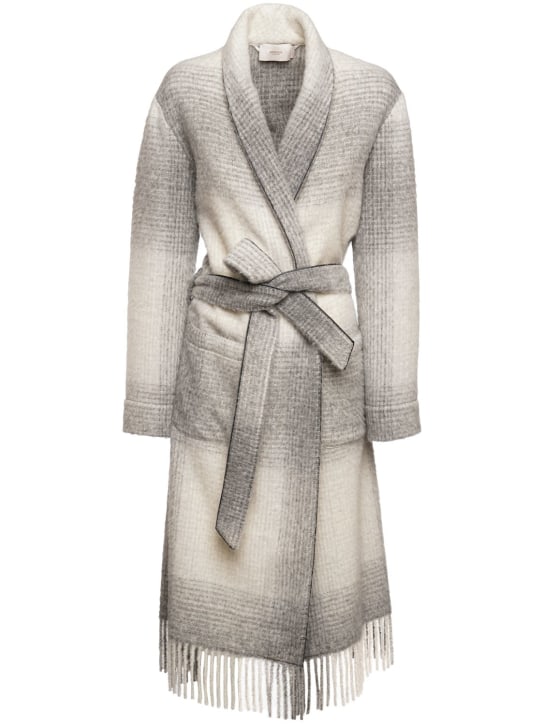 Agnona: Robe de chambre en alpaga mélangé à carreaux - Ivory/Flannel G - women_0 | Luisa Via Roma