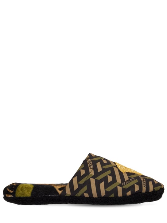 Versace: Monogram printed cotton slippers - Khaki - ecraft_0 | Luisa Via Roma