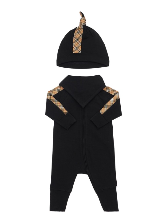 Burberry: Barboteuse, bavoir & bonnet en coton avec inserts - Noir - kids-girls_0 | Luisa Via Roma