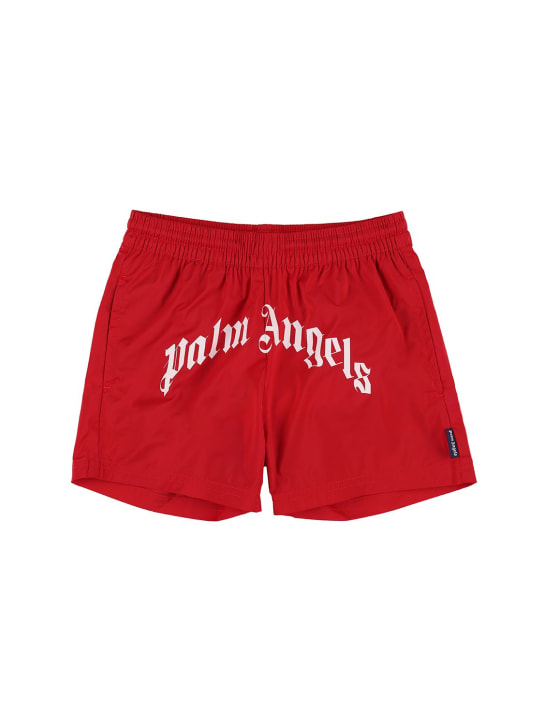 Palm Angels: Logo print nylon swim shorts - Red - kids-boys_0 | Luisa Via Roma