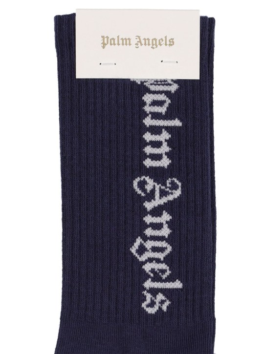 Palm Angels: Logo intarsia cotton blend socks - Navy - kids-boys_1 | Luisa Via Roma