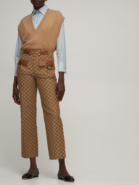 Gucci: Pantalon en coton mélangé avec cuir - Camel/Mix - women_1 | Luisa Via Roma