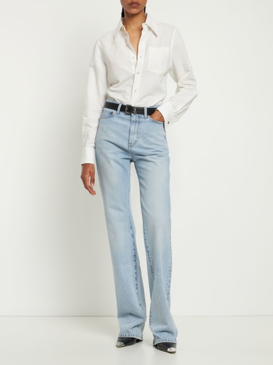 Saint Laurent: Jeans rectos de denim de algodón - Clear Sky - women_1 | Luisa Via Roma