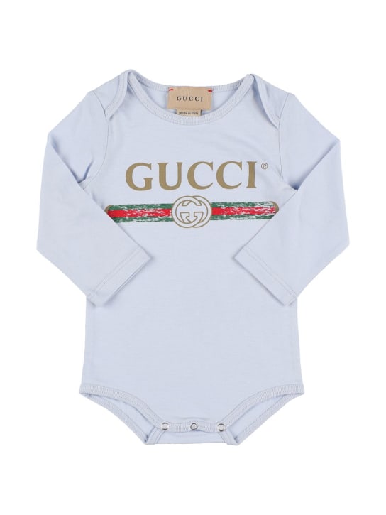 Gucci: Cotton hat, bib and bodysuit - Light Blue - kids-boys_1 | Luisa Via Roma