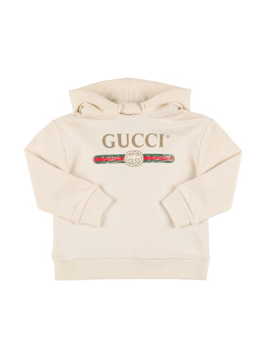 Gucci: Sweat-shirt en coton imprimé logo à capuche - Blanc - kids-girls_0 | Luisa Via Roma