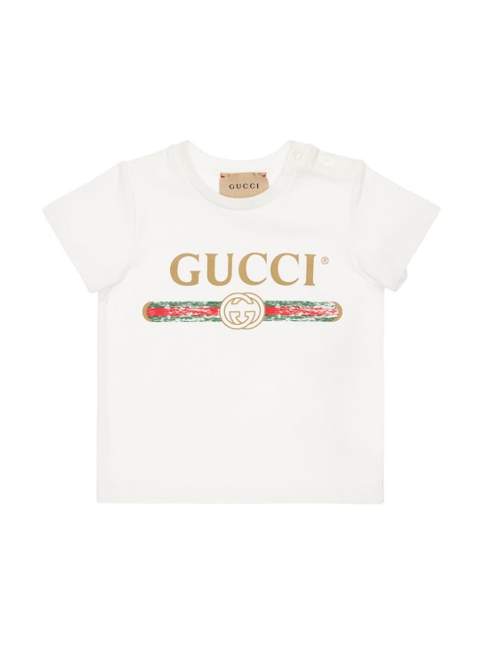 Gucci: T-shirt in jersey di cotone con logo stampato - Bianco - kids-girls_0 | Luisa Via Roma