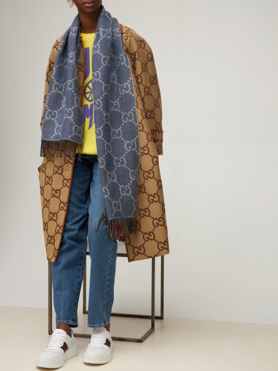 Gucci: GG jacquard wool knit scarf w/tassels - Navy/Beige - women_1 | Luisa Via Roma