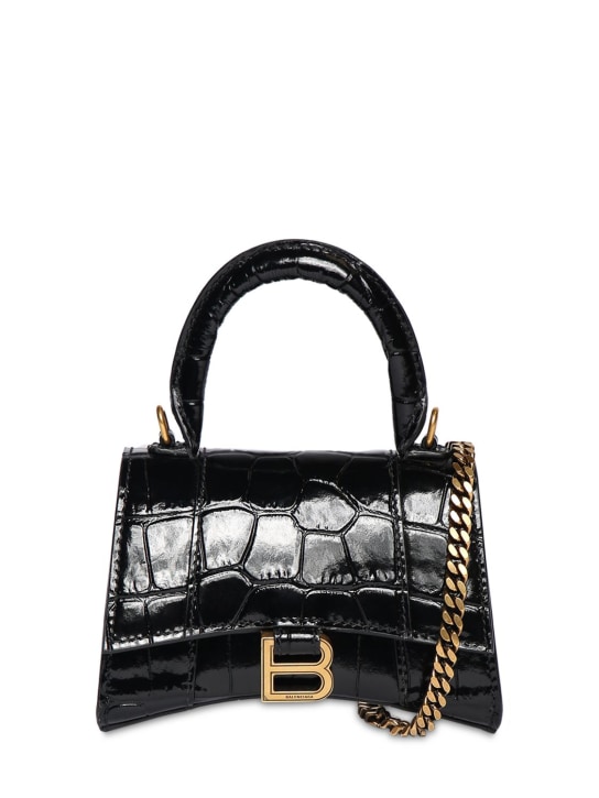 Balenciaga: Mini Hourglass croc embossed leather bag - Black - women_0 | Luisa Via Roma