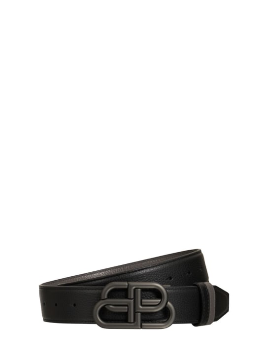 Balenciaga: Cintura reversibile in pelle con fibbia BB 3.5cm - Black/Dark Tan - men_0 | Luisa Via Roma