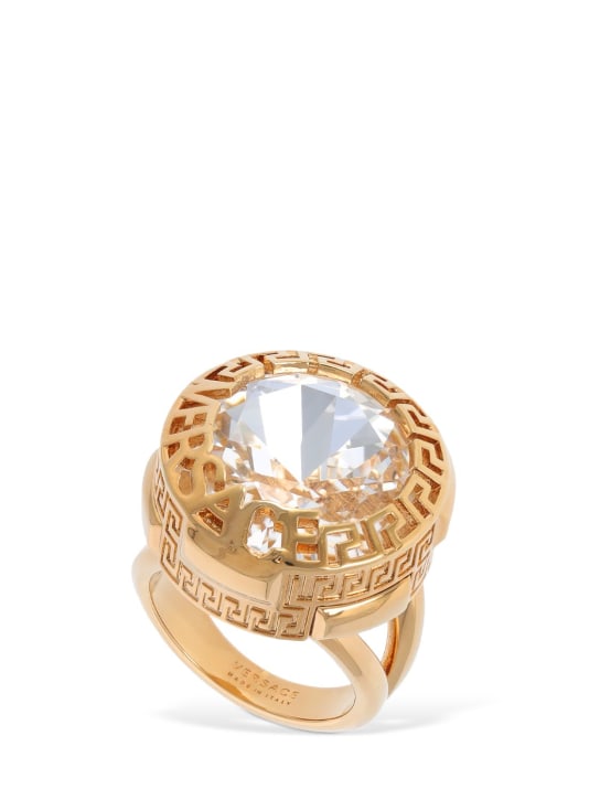 Versace: Greca motif & logo crystal ring - Gold/Crystal - women_0 | Luisa Via Roma