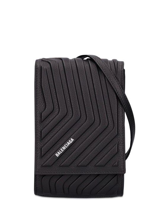 Balenciaga: Car leather phone holder w/ strap - Black - men_0 | Luisa Via Roma