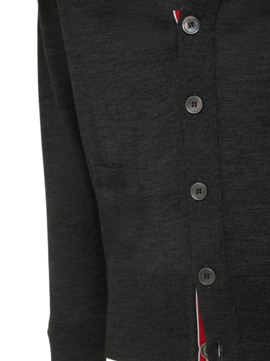 Thom Browne: 4-Bar Wool fine knit cardigan - Dark Grey - men_1 | Luisa Via Roma