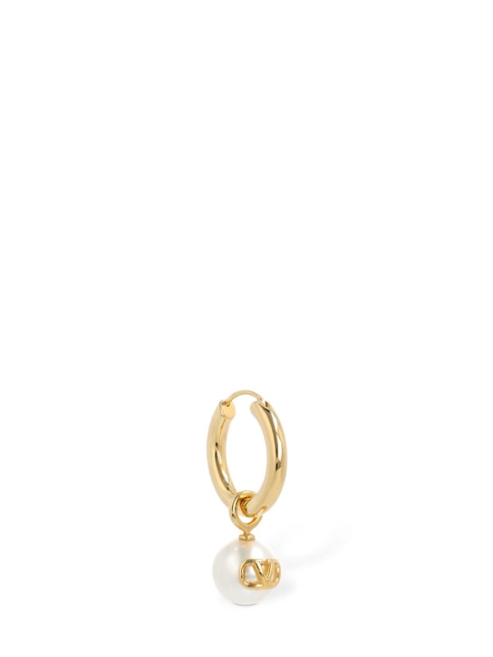 Valentino Garavani: Faux pearl & V logo hoop mono earring - White/Gold - men_0 | Luisa Via Roma