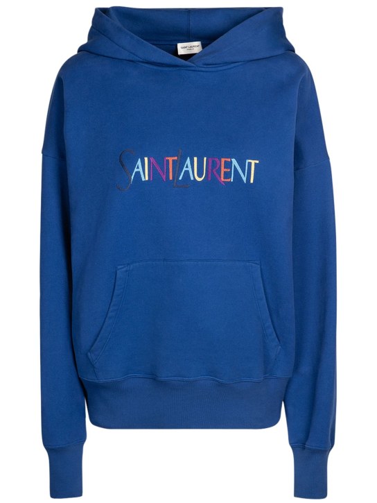 Saint Laurent: Sweat-shirt en coton brodé à capuche - Bleu/Multi - women_0 | Luisa Via Roma