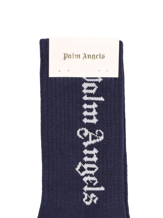 Palm Angels: Logo jacquard cotton blend knit socks - Navy - kids-boys_1 | Luisa Via Roma