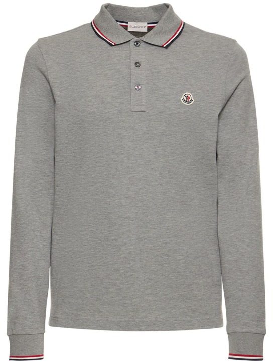 Moncler: Long sleeve cotton piquet polo shirt - Grey - men_0 | Luisa Via Roma