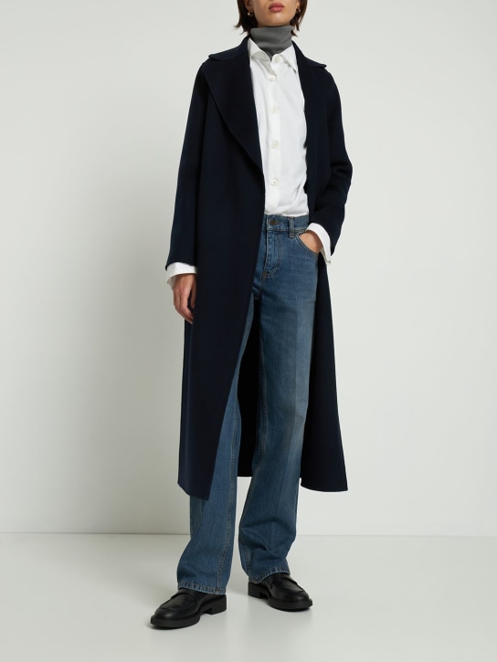 'S Max Mara: Manteau mi-long drapé avec ceinture Poldo - Bleu Marine Foncé - women_1 | Luisa Via Roma