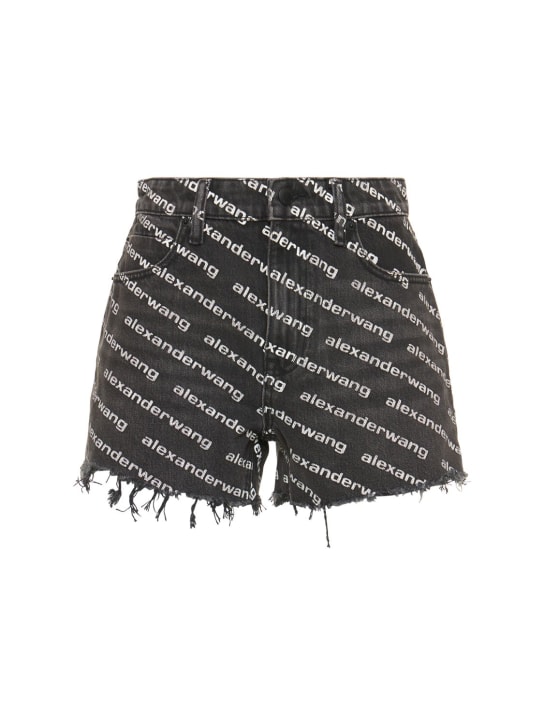 Alexander Wang: Shorts de denim de algodón con logo - Negro/Blanco - women_0 | Luisa Via Roma