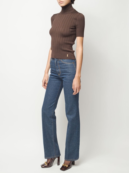 Saint Laurent: Silk knit turtleneck t-shirt - Marron - women_1 | Luisa Via Roma