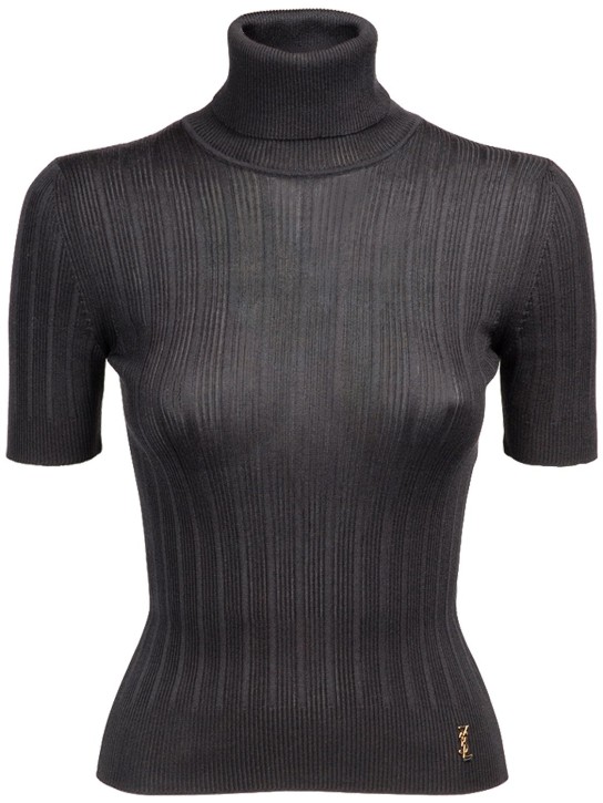 Saint Laurent: Silk knit turtleneck t-shirt - Black - women_0 | Luisa Via Roma