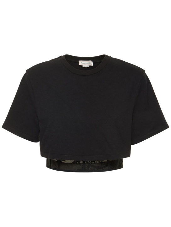 Alexander McQueen: Camiseta cropped de encaje algodón - Negro - women_0 | Luisa Via Roma