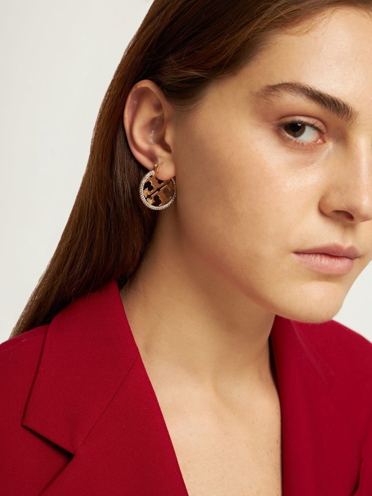 Tory Burch: Miller pavé hoop earrings - Gold/Crystal - women_1 | Luisa Via Roma