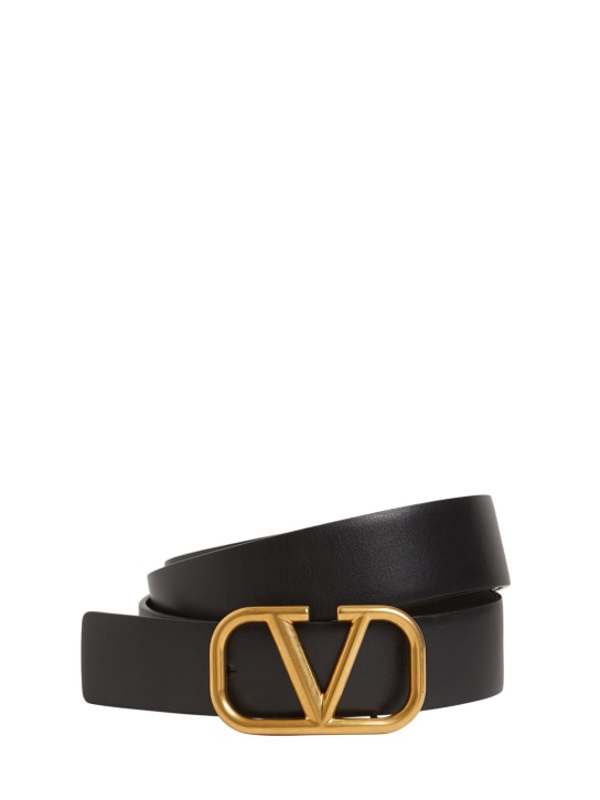 Valentino Garavani: 30mm Logo leather belt - Black - men_0 | Luisa Via Roma