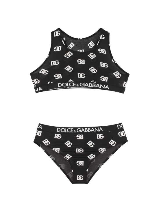 Dolce&Gabbana: Top e slip in misto cotone stampa monogram - Nero - kids-girls_0 | Luisa Via Roma