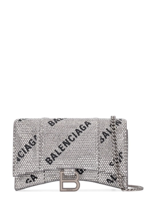 Balenciaga: Hourglass logo strass chain wallet - Silver/Black - women_0 | Luisa Via Roma