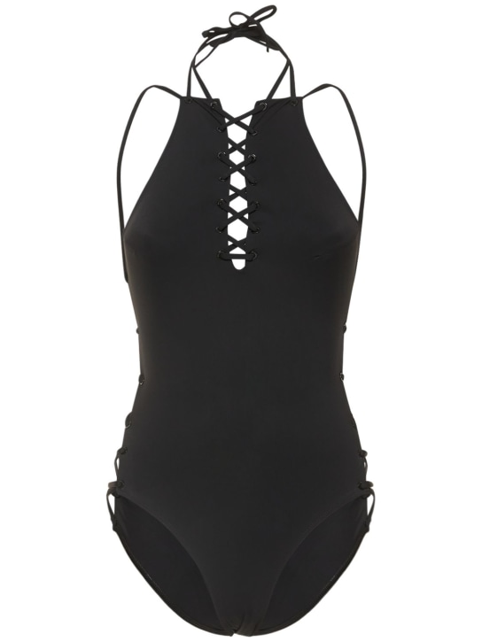 Balenciaga: Logo printed lycra one piece swimsuit - Black - women_0 | Luisa Via Roma