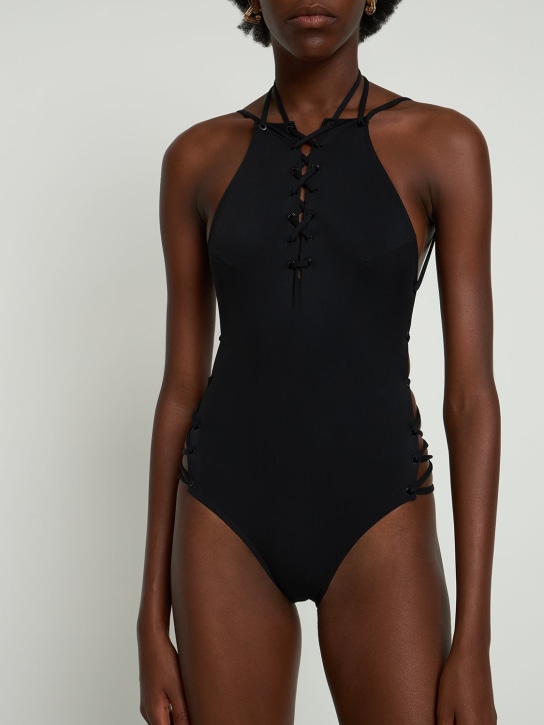 Balenciaga: Logo printed lycra one piece swimsuit - Black - women_1 | Luisa Via Roma