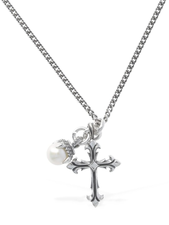 Emanuele Bicocchi: Pearl & cross charm necklace - Pearl/Silver - men_0 | Luisa Via Roma