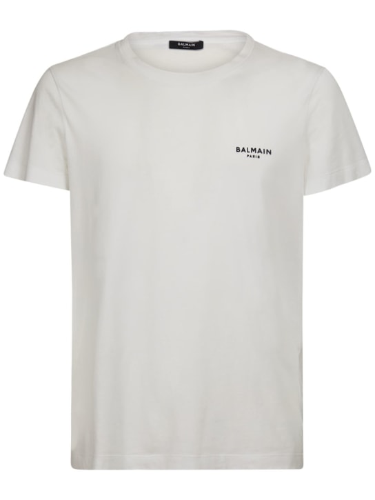 Balmain: Camiseta de algodón orgánico con logo floqueado - Blanco - men_0 | Luisa Via Roma