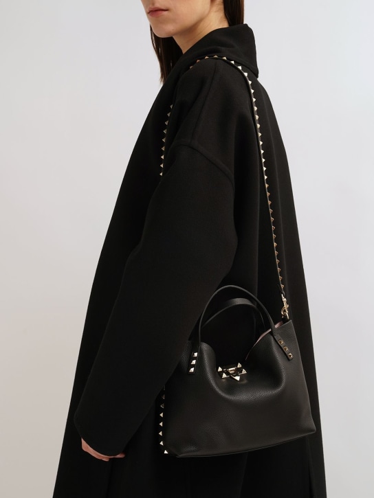 Valentino Garavani: Small Rockstud leather tote bag - Black/Rose - women_1 | Luisa Via Roma