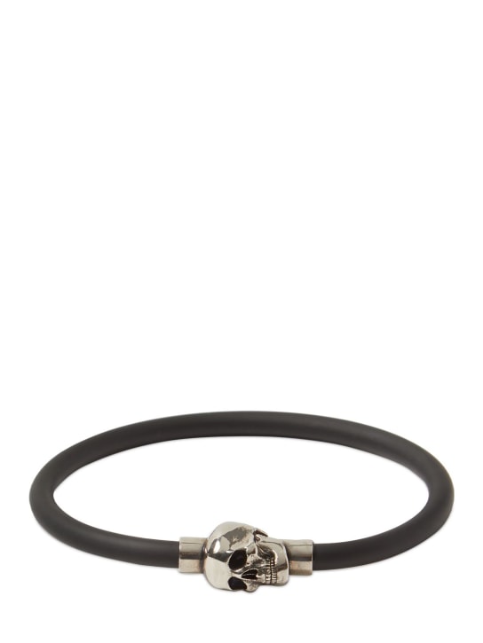 Alexander McQueen: Rubber cord skull bracelet - Black/Silver - men_0 | Luisa Via Roma