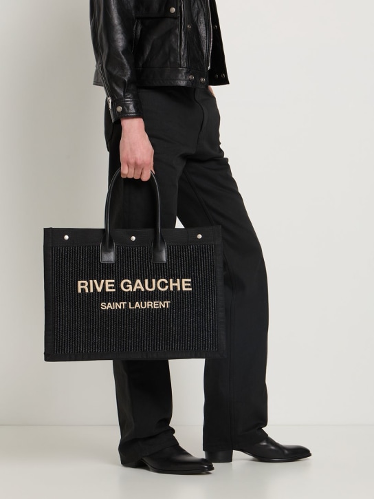 Saint Laurent: Rive Gauche raffia bag - Black - women_1 | Luisa Via Roma
