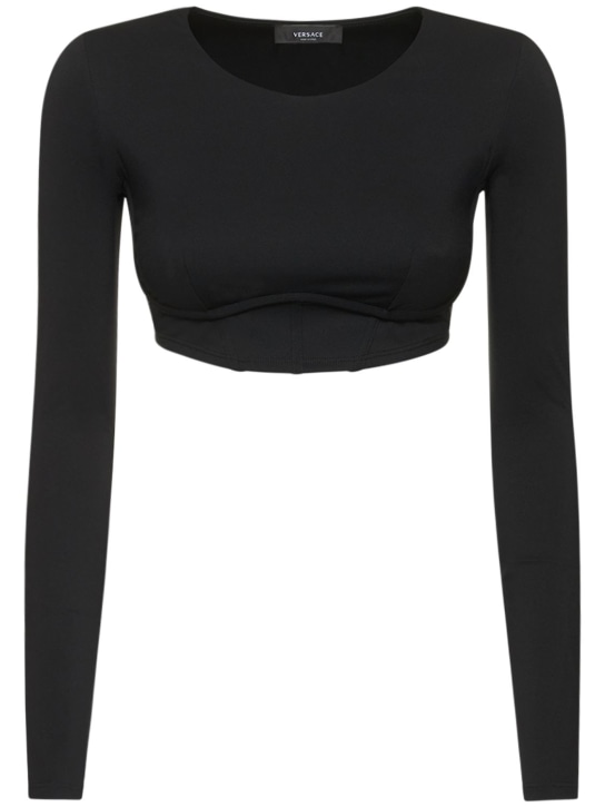 Versace: Long sleeve tech jersey crop top - Black - women_0 | Luisa Via Roma