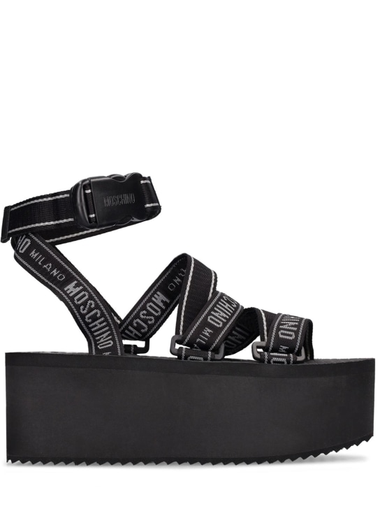 Moschino: 80mm Nylon platform wedge sandals - Black - women_0 | Luisa Via Roma