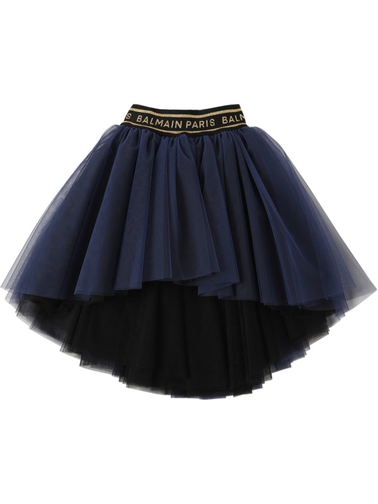 Balmain: Logo tape tulle skirt - Blue/Black - kids-girls_0 | Luisa Via Roma