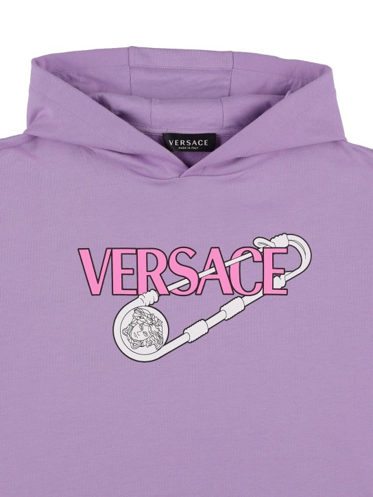 Versace: Sudadera de algodón estampado con capucha - Púrpura Claro - kids-girls_1 | Luisa Via Roma
