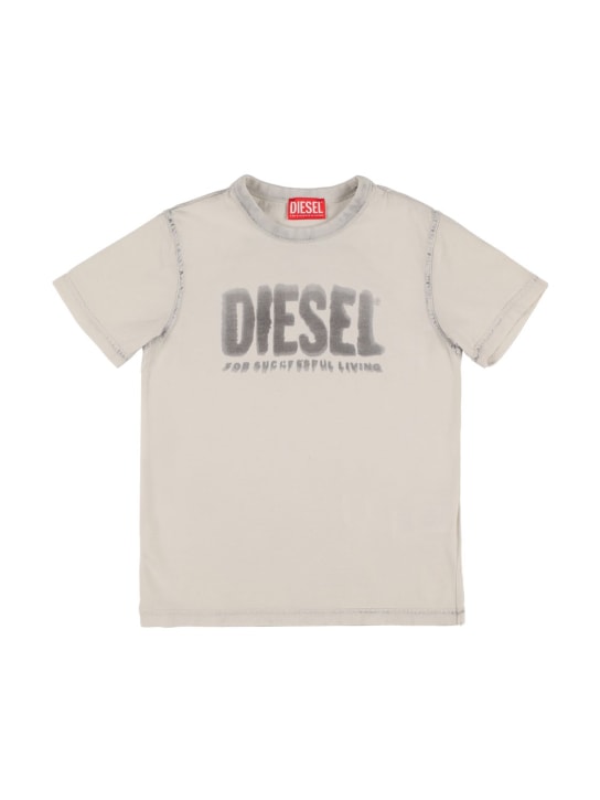 Diesel Kids: T-shirt in jersey di cotone con logo - Off White/Nero - kids-boys_0 | Luisa Via Roma