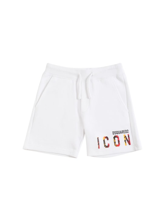 Dsquared2: Icon logo print cotton sweat shorts - White - kids-boys_0 | Luisa Via Roma