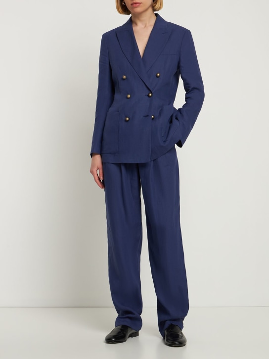 Giorgio Armani: Pleated linen wide pants - Blue - women_1 | Luisa Via Roma