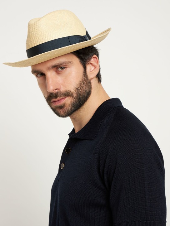 Borsalino: Amedeo 7.5cm brim straw Panama hat - Natural/Blue - men_1 | Luisa Via Roma