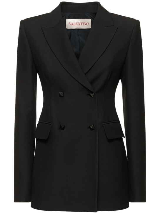 Valentino: Double breast wool & silk crepe blazer - Black - women_0 | Luisa Via Roma